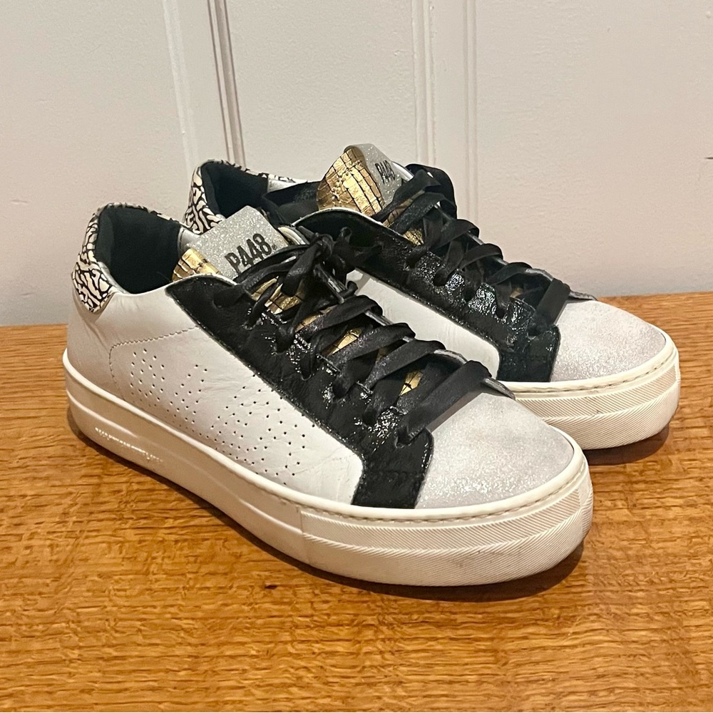 Women’s P448 Black and White Sneakers with Gold and Silver Accents